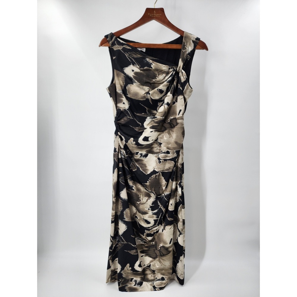 Maggy London Womens Black Tan Abstract Floral Draped Sheath Dress Size 10